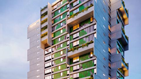 A rendering of an apartment tower