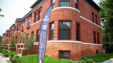 A rehabbed townhouse building