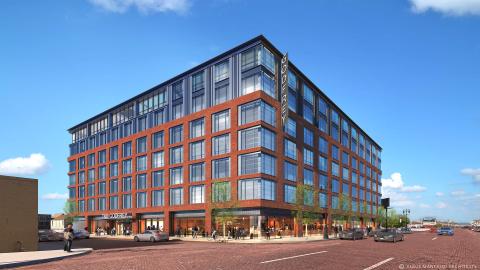 A rendering of a 7-story hotel