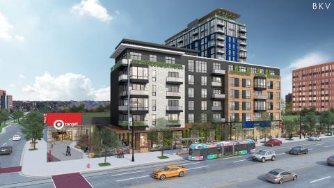 A new mixed-use building on the corner of Mack and Woodward in Detroit