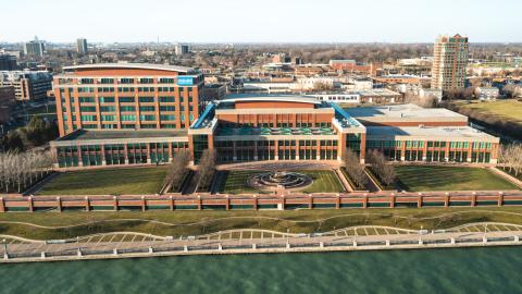An office building complex along the riverfront
