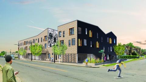 A rendering of a three-story apartment building with brown exterior and asymetrical shapes