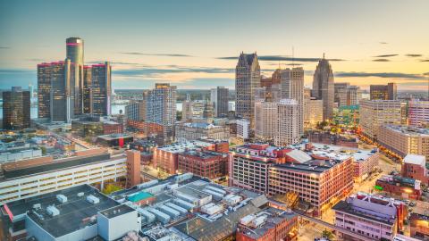 A wide shot overlooking downtown Detroit in the winter