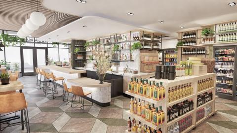  A rendering of a light, airy market with a counter for a cafe