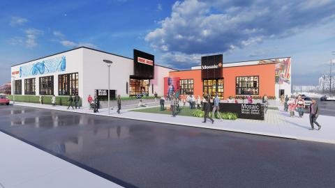 A rendering of two buildings with large windows and a food hall inside