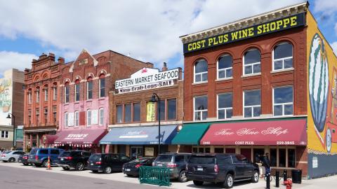 A row of shops in old brick buildings in Eastern Market, Detroit