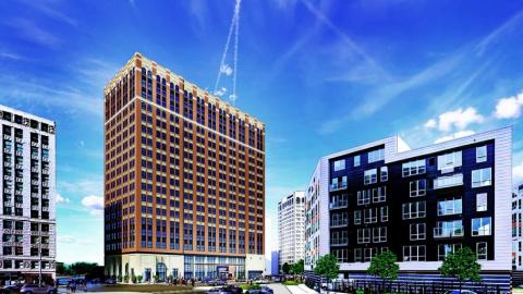 A rendering of a restored 18-story building next to a modern apartment building