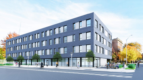 A rendering of a 4 story grey apartment building on a city corner