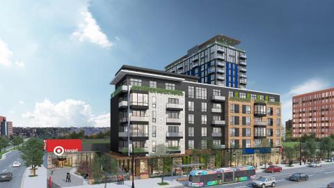 A rendering of three buildings with apartments and a Target