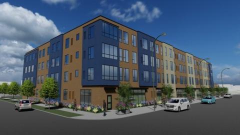 A rendering of a blue and tan 4-story apartment building
