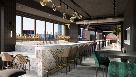 A rendering of an indoor/outdoor rooftop lounge