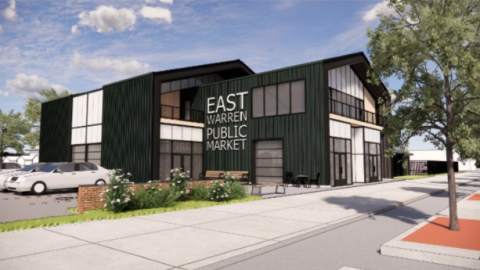 A rendering of a large building that says East Warren Public Market