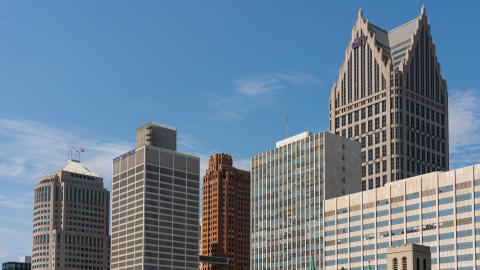 Tops of skyscrapers in downtown Detroit