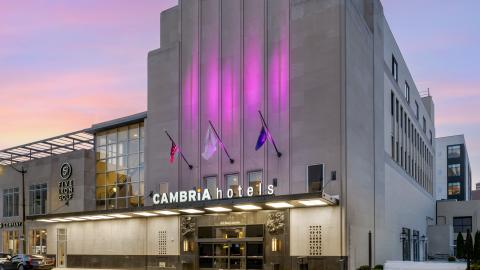 An Art Deco hotel at twilight