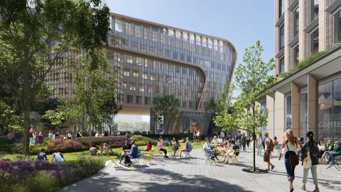 A rendering of a new curved building in downtown Detroit, with people walking in front of it