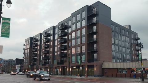 A newly built seven-story apartment building