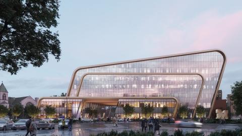 A rendering of a six-story modern building