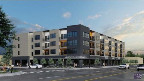A rendering of a new four-story apartment building